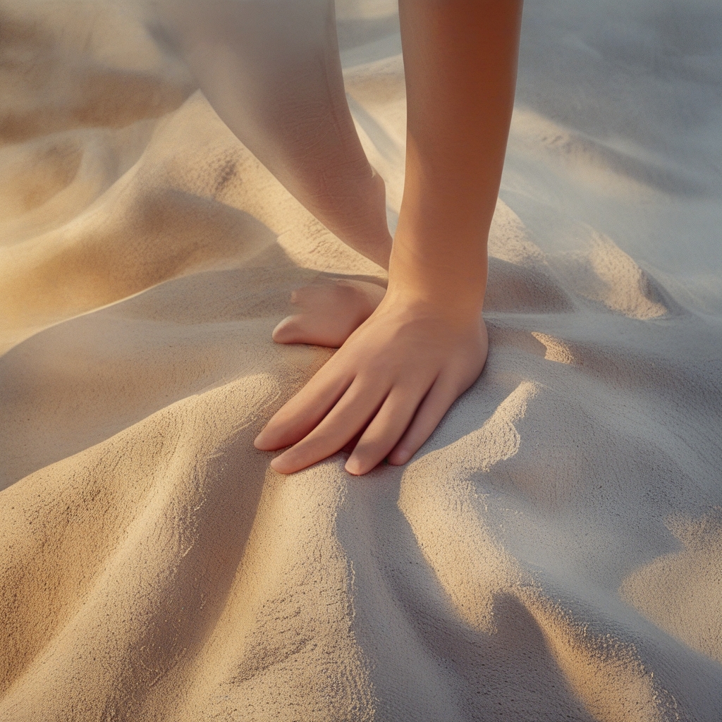 Zbliżenie na dłonie i ramiona osoby wykonującej płynne rozciąganie ramion nad głową, neutralne tło w odcieniach szarości