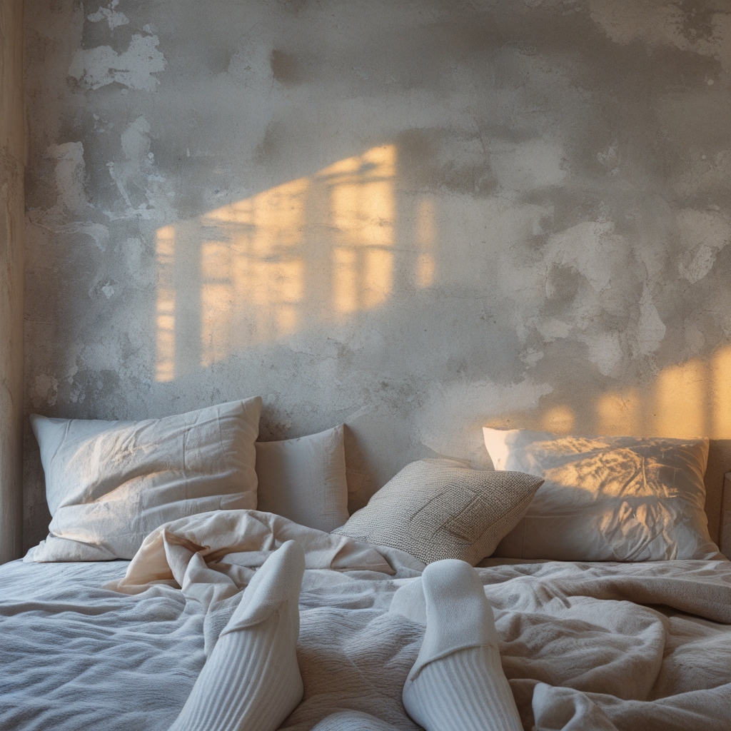 Widok z boku sylwetki osoby w pozycji bocznego wykosu, spokojna sala z matą na podłodze i miękkim rozproszonym oświetleniem