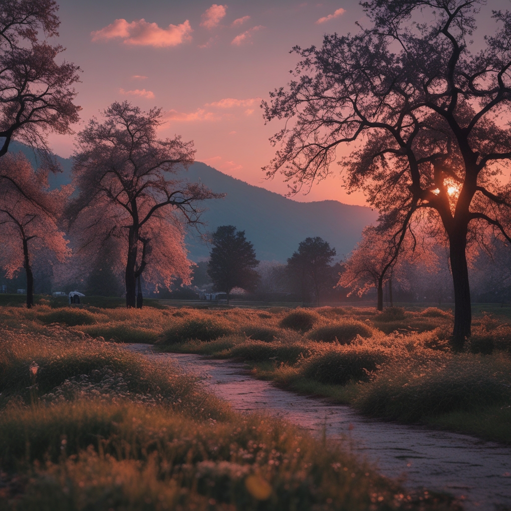 Spokojna przestrzeń parkowa o świcie z alejką otoczoną drzewami, złote poranne światło przebijające się przez korony drzew, ławki w oddali, atmosfera spokoju i ciszy