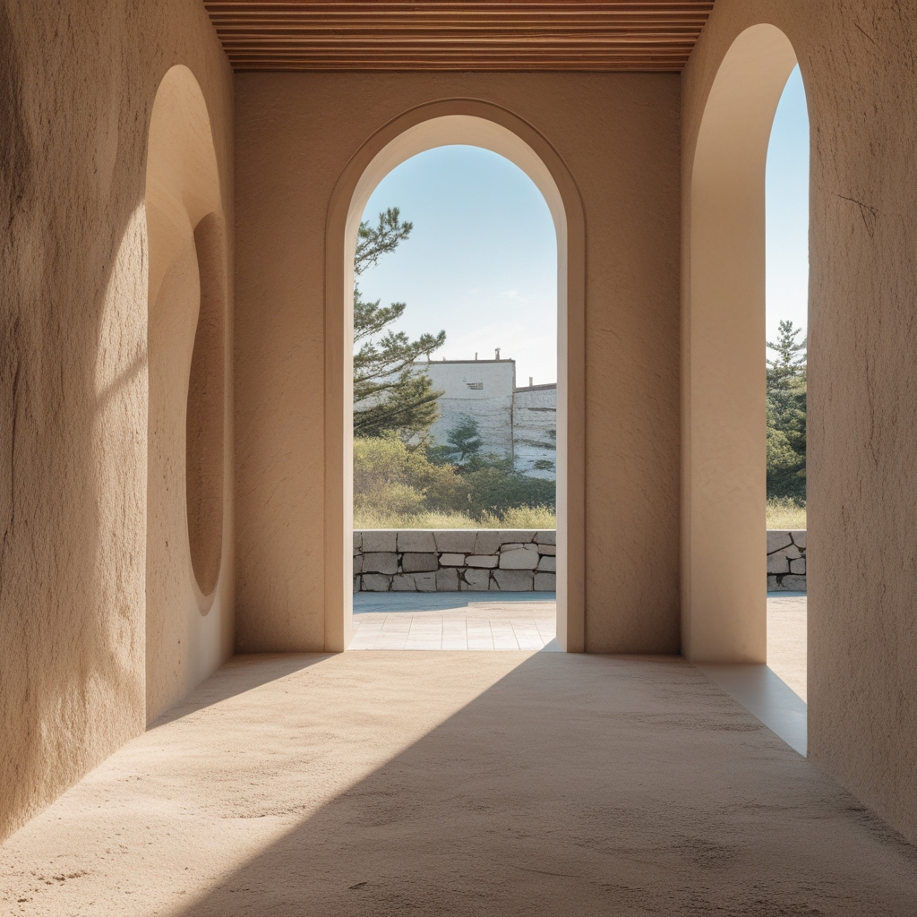 Widok na minimalistyczne wnętrze studia z drewnianą podłogą i dużymi oknami, przez które wpadają smugi popołudniowego słońca tworzące geometryczne wzory cieni