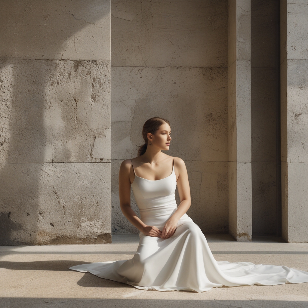 Elegancki widok z boku sylwetki osoby stojącej w wyprostowanej pozycji przy ścianie pokrytej jasnym kamieniem, miękkie boczne oświetlenie podkreślające linie ciała, minimalistyczne tło